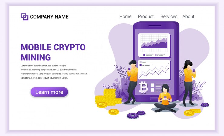 Cryptocurrency-mining met mensen die bitcoins op mobiele telefoon ontginnen.