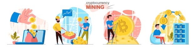 Cryptocurrency mining scenes set in flat style