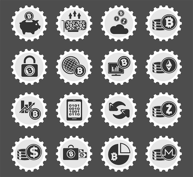 Символы криптовалюты и майнинга на круглых почтовых марках, стилизованных под значки