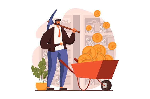 Vector cryptocurrency mining web concept in flat design man with pickaxe near wheelbarrow with bitcoins