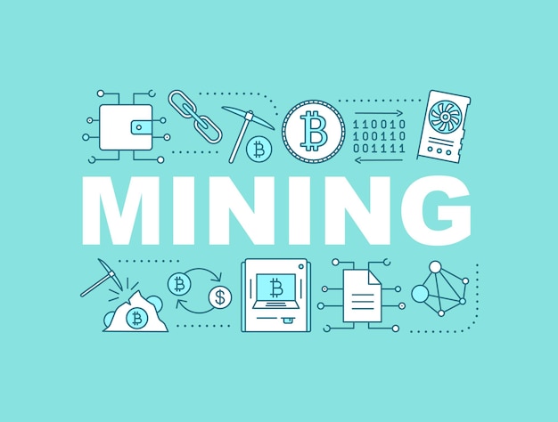 Banner di concetti di parole minerarie di criptovaluta. affari crittografici. idea di tipografia scritta isolata con icone lineari. bitcoin. illustrazione di contorno vettoriale