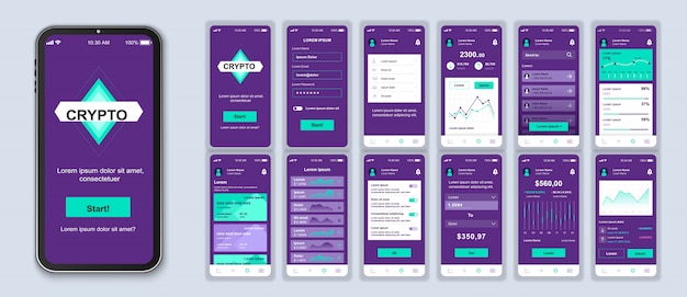 Pacchetto di app mobili per criptovaluta di ui, ux, schermate della gui per l'applicazione