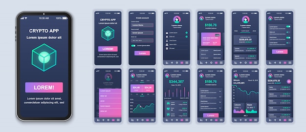 응용 프로그램 용 UI, UX, GUI 화면의 Cryptocurrency 모바일 앱 팩