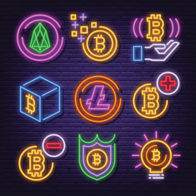 Cryptocurrency neon icon set