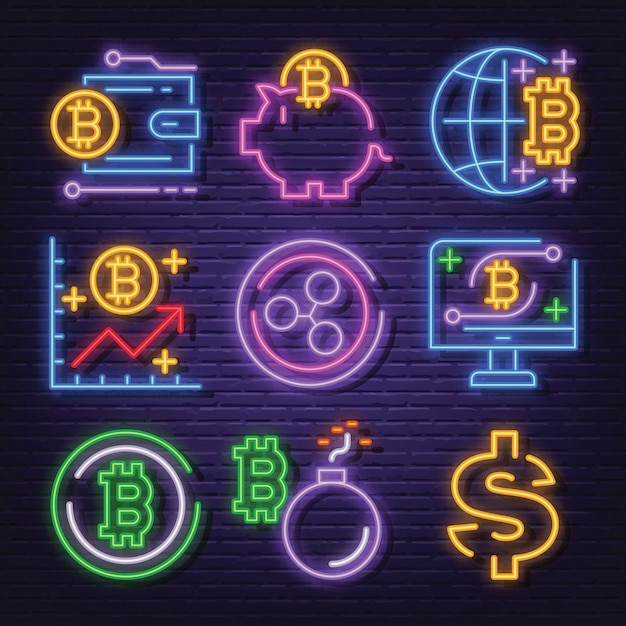 Cryptocurrency neon pictogramserie