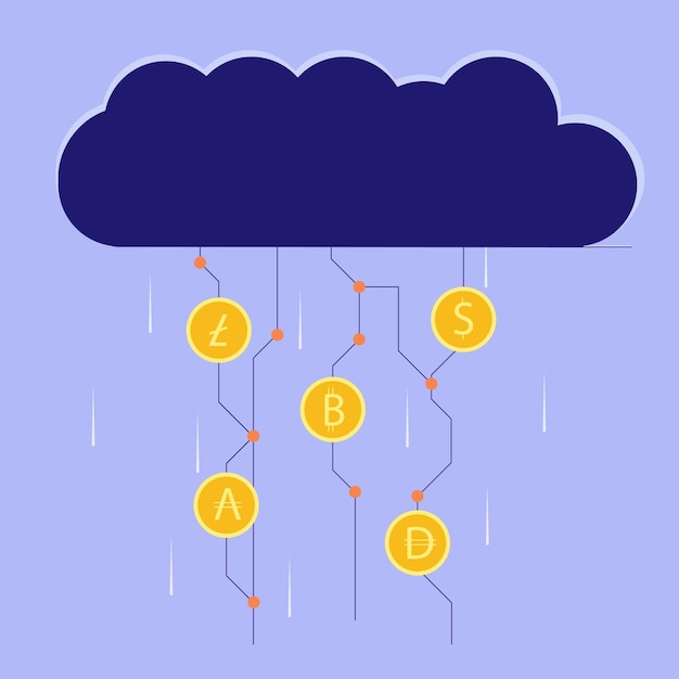 暗号通貨ネットワークテクノロジークラウドからの暗号ウォレットの雨フラットイラスト