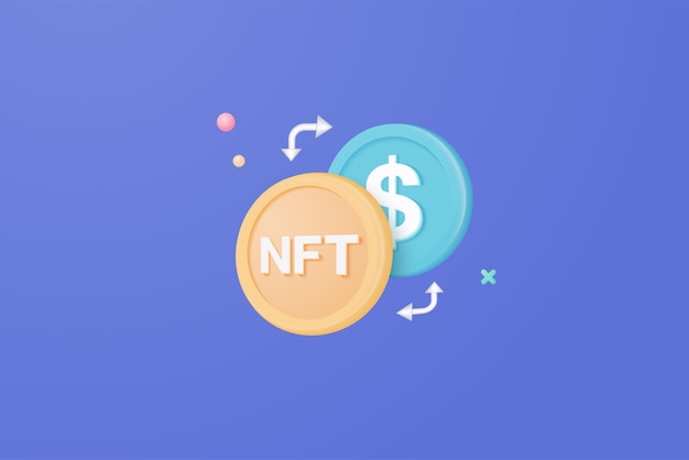 Криптовалюта nft 3d концепция денежных переводов с помощью технологии блокчейн футуристический фон обмен наличными и плавающими монетами на синем фоне концепция безналичного общества в 3d векторном рендеринге