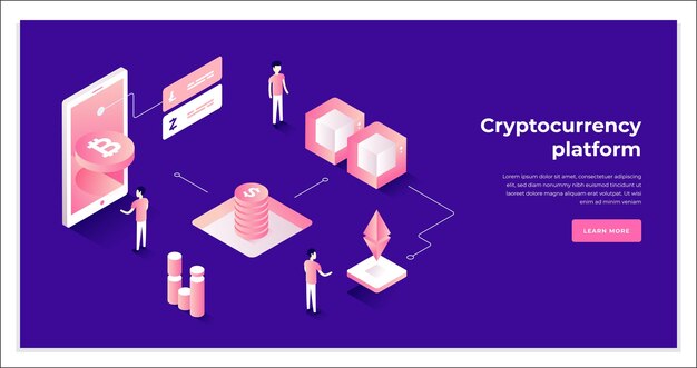Cryptocurrency 플랫폼 bitcoin 마이닝 스마트폰 디지털 지불 방문 페이지 아이소메트릭 벡터