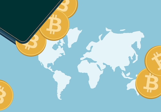 Cryptocurrency portemonnee en munt illustratie met cryptocurrency symbool. Tegen de achtergrond van de aardekaart