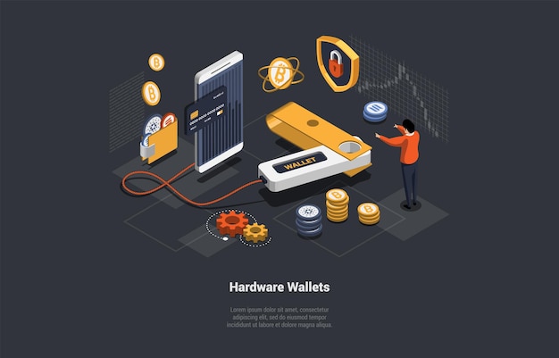 Cryptocurrency safe storage and hardware offline wallet for crypto crypto trader hold cryptocurrency on noncustodial wallet to avoid hacker attack and steal money isometric 3d vector illustration