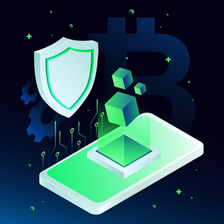Vector cryptocurrency security illustration protection shield and isometric smartphone