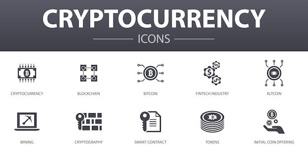 Cryptocurrency simple concept icons set. contains such icons as blockchain, fintech industry, mining, cryptography and more, can be used for web, logo, ui/ux