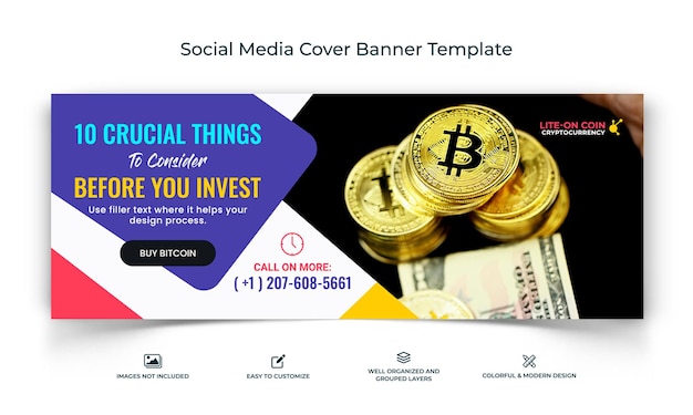 Modello di banner per la copertina di facebook dei social media di cryptocurrency vettore premium