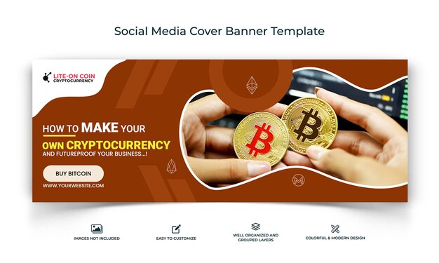 Modello di banner per la copertina di facebook dei social media di cryptocurrency vettore premium