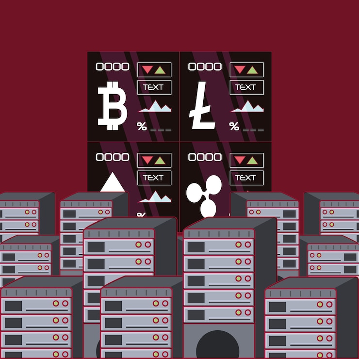 Vector cryptocurrency stock market with data servers 