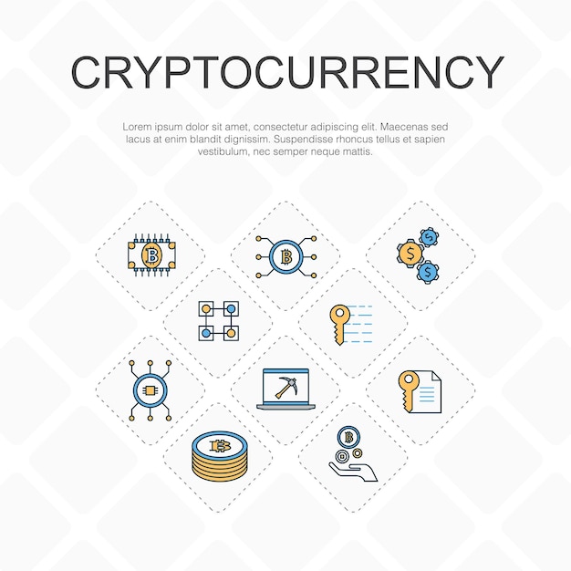 Vector cryptocurrency trendy line icons concept thin line design withblockchain fintech industry mining cryptography icons