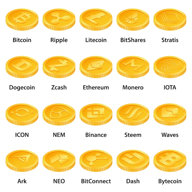 Cryptocurrency types icons set