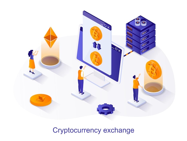 Cryptocurrency uitwisseling isometrisch webconcept Mensen die crypto-handelstransacties maken