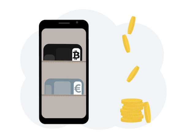 Cryptocurrency uitwisselingsconcept. mobiele telefoon met afbeelding van een portemonnee met plastic kaarten voor cryptocurrency en valuta. vectorillustratie