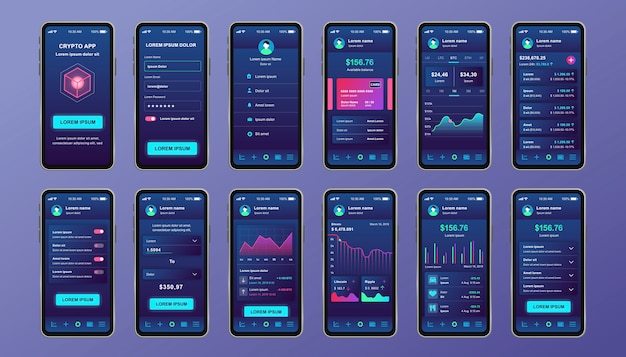 Kit di design unico per criptovaluta per app mobile. schermate di mining bitcoin con grafici di avanzamento e analisi finanziaria. interfaccia utente della piattaforma di criptovaluta, modelli ux. gui per un'applicazione mobile reattiva.