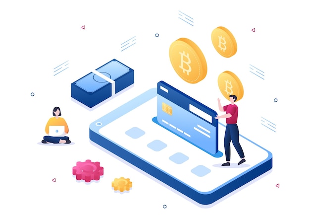 Cryptocurrency Wallet App on Mobile of Blockchain Technology, Bitcoin, Money Market, Altcoins or Finance Exchange with Credit Card in Flat Vector Illustration