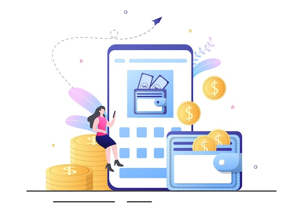 Cryptocurrency Wallet App on Mobile of Blockchain Technology, Bitcoin, Money Market, Altcoins or Finance Exchange with Credit Card in Flat Vector Illustration