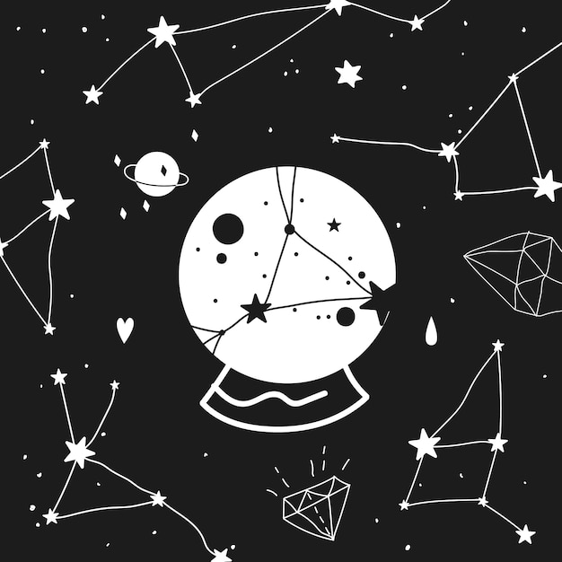 Vector crystal ball and constellations . black and white. modern illustration of magic sphere and constellations. palmistry and magic concept.