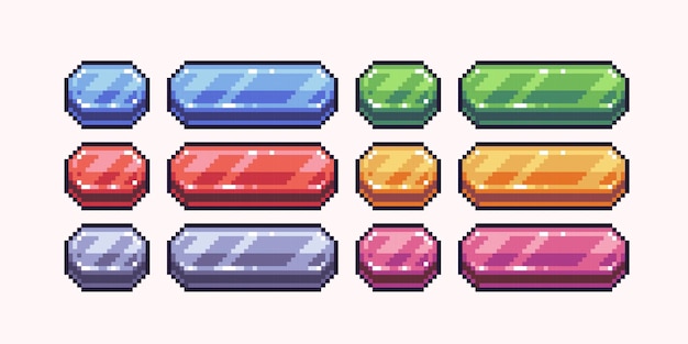 Vector crystal diamond buttons pixel art set. colorful ice interface bar collection. shining glass panel