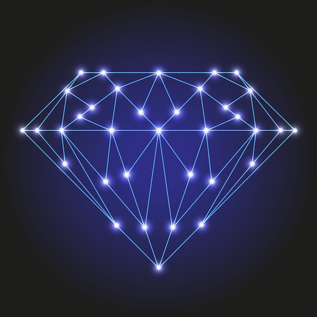 Кристалл или ограненный камень из многоугольных синих линий и светящихся звезд