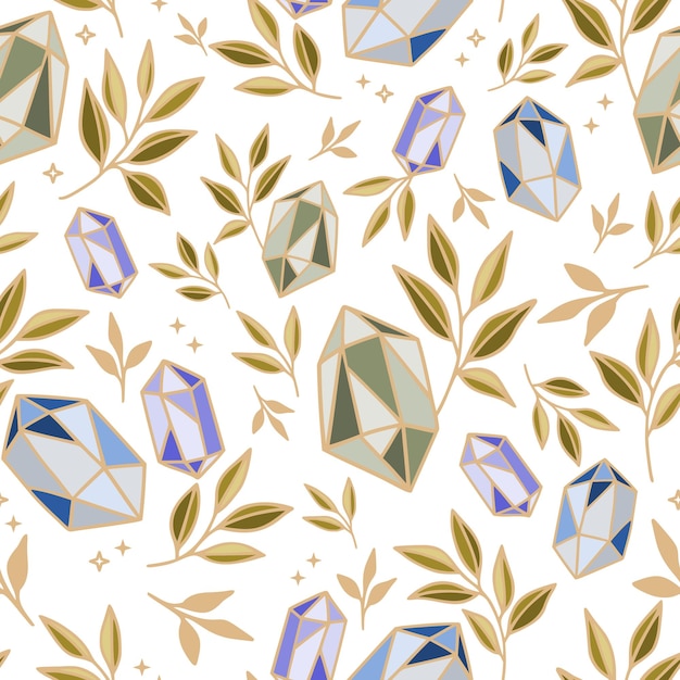 Vector crystal gem and leaf seamless pattern illustration