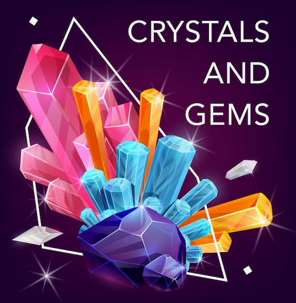 Vector crystal gem stones rocks of quartz and diamonds