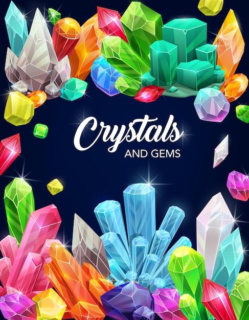 Crystal gems cartoon vector poster with gemstones