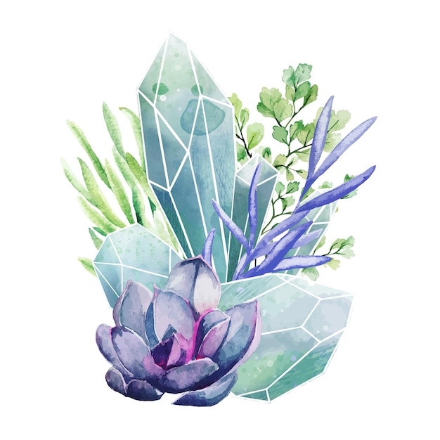 Crystal gems with succulents, full color decorative art, cute composition, hand drawn   watercolor illustration