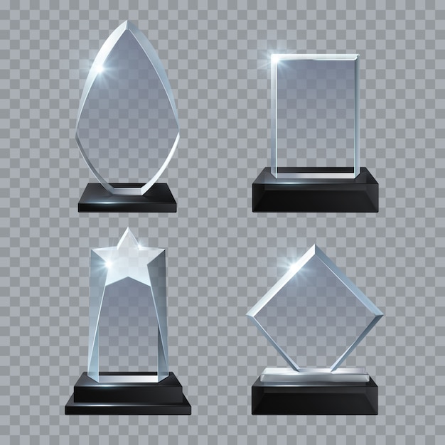 Crystal glass blank trophy awards isolated vector templates collection. Trophy glass prize, base panel achievement illustration