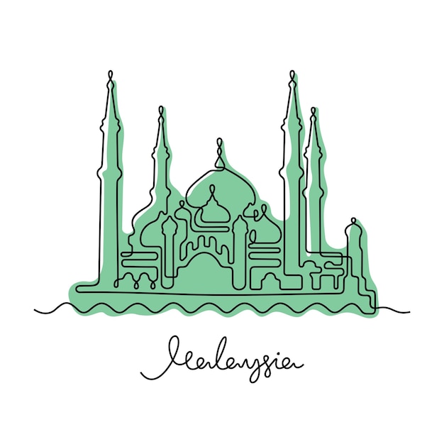 Illustrazione vettoriale colorata a linea continua della crystal mosque malaysia