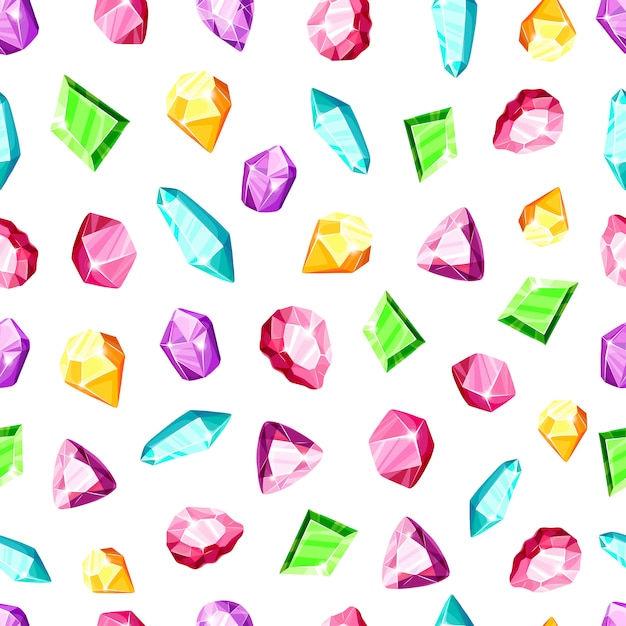 Vector crystal seamless pattern - colorful blue, golden, pink, violet, rainbow crystals or gems