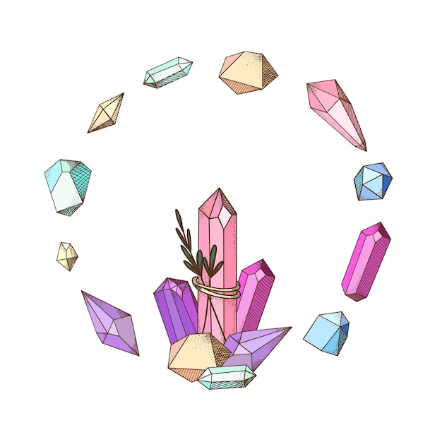 Crystal set Magic quartz different forms and colors Occult mystical gemstones Gem jewellery colorful luxury diamond Jewels treasure decorative isolated elements Minimalism vector illustration