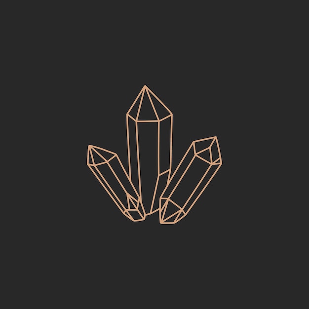 Crystal shape, quartz icon, gem stone gold simple contour line in boho style on black background, modern trendy hand drawn vector witch symbol and mystic design element, doodle flat shape illustration