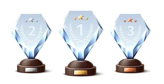 Crystal trophies. Realistic glass awards, gold, silver and bronze winning prizes, diamond shape, transparent sparkling figurines. Blank competition cup, sport and music achieve. Vector isolated set