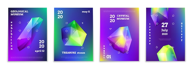 Crystals abstract posters Realistic 3D gradient gems holographic geometric mineral Geological museum exhibition or treasure stones gallery template Exposition event advertising banner vector set