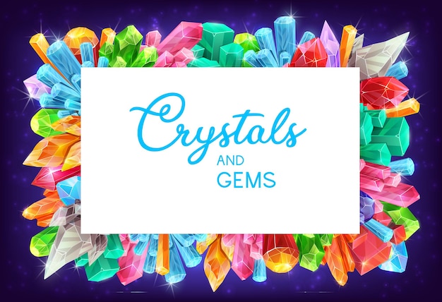 Crystals and gems cartoon gemstones vector frame