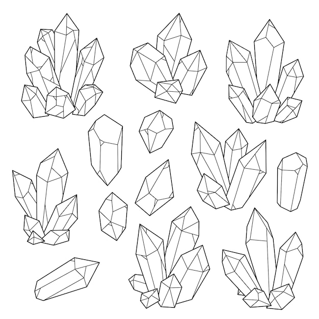 Crystals, gems, minerals, set of monochrome vector line icons and drawings