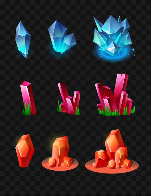 Crystals - realistic modern vector set of different minerals. black background. use this high quality clip art for presentations, banners and flyers. blue, orange and crimson prizes, tokens, chips