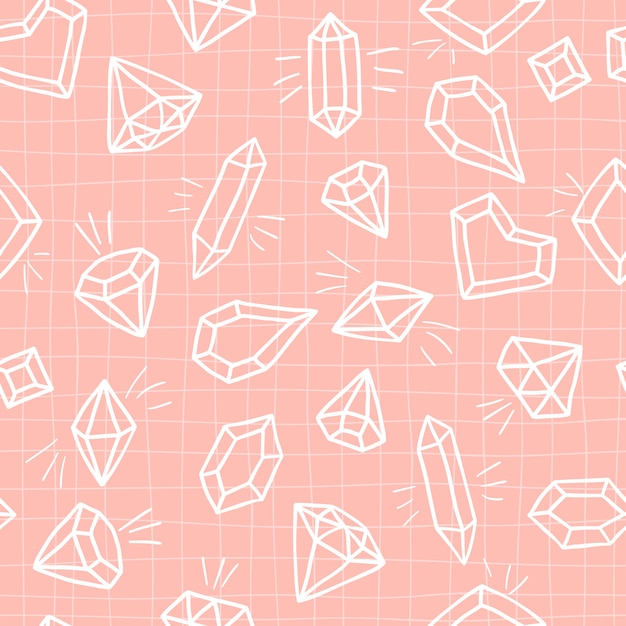 Crystals  seamless pattern on a pink checked background. hand drawn sketch diamonds and gemstones.