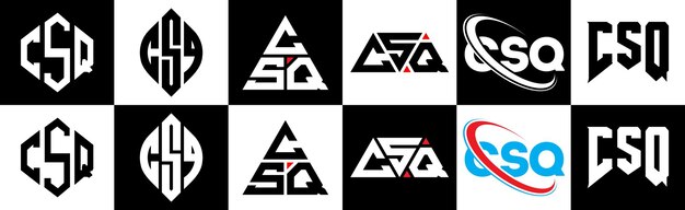 CSQ letter logo ontwerp in zes stijl CSQ veelhoek cirkel driehoek zeshoek platte en eenvoudige stijl met zwart en wit kleur variatie letter logo set in één artboard CSQ minimalistische en klassieke logo