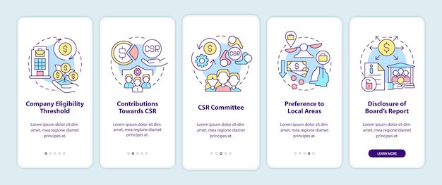 Schermata della pagina dell'app mobile onboarding nozioni di base sulla csr. procedura dettagliata di responsabilità sociale d'impresa 5 passaggi istruzioni grafiche con concetti. modello vettoriale ui, ux, gui con illustrazioni a colori lineari