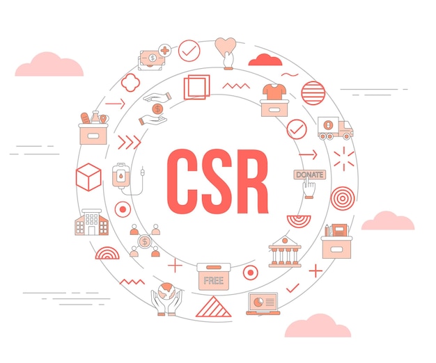 아이콘 세트 템플릿 배너 및 원 원형 모양을 사용한 Csr 기업의 사회적 책임 개념