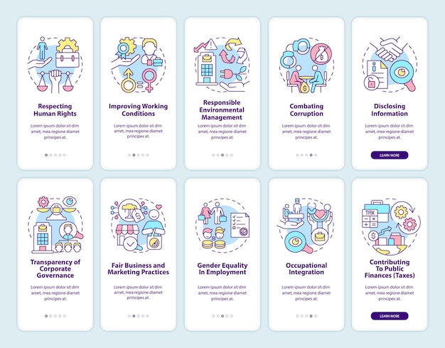 Csr-gerelateerde onboarding-paginaschermset voor mobiele apps. rechten op de werkplek walkthrough 5 stappen grafische instructies met concepten. ui, ux, gui vectorsjabloon met lineaire kleurenillustraties