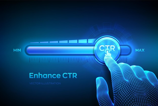 CTR のクリックスルー率の増加 CTR アイコンが付いたテストノブを最大位置まで回すワイヤーフレームハンド広告キャンペーンビジネステクノロジーコンセプトベクトルイラスト