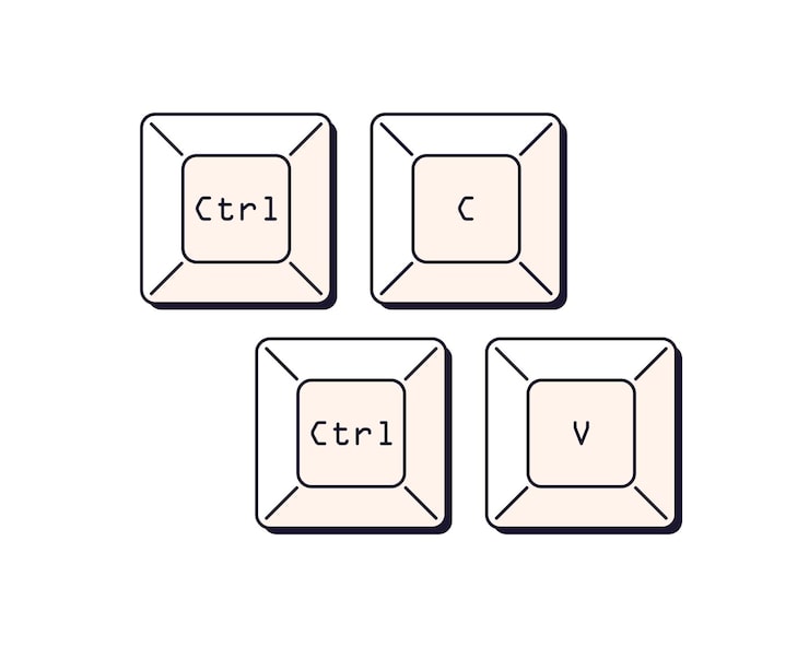 Vector ctrl c and v, keyboard buttons. control keys, shortcut commands for copy paste. keypad combinations for input, insert information, plagiarizing. flat vector illustration isolated on white background.